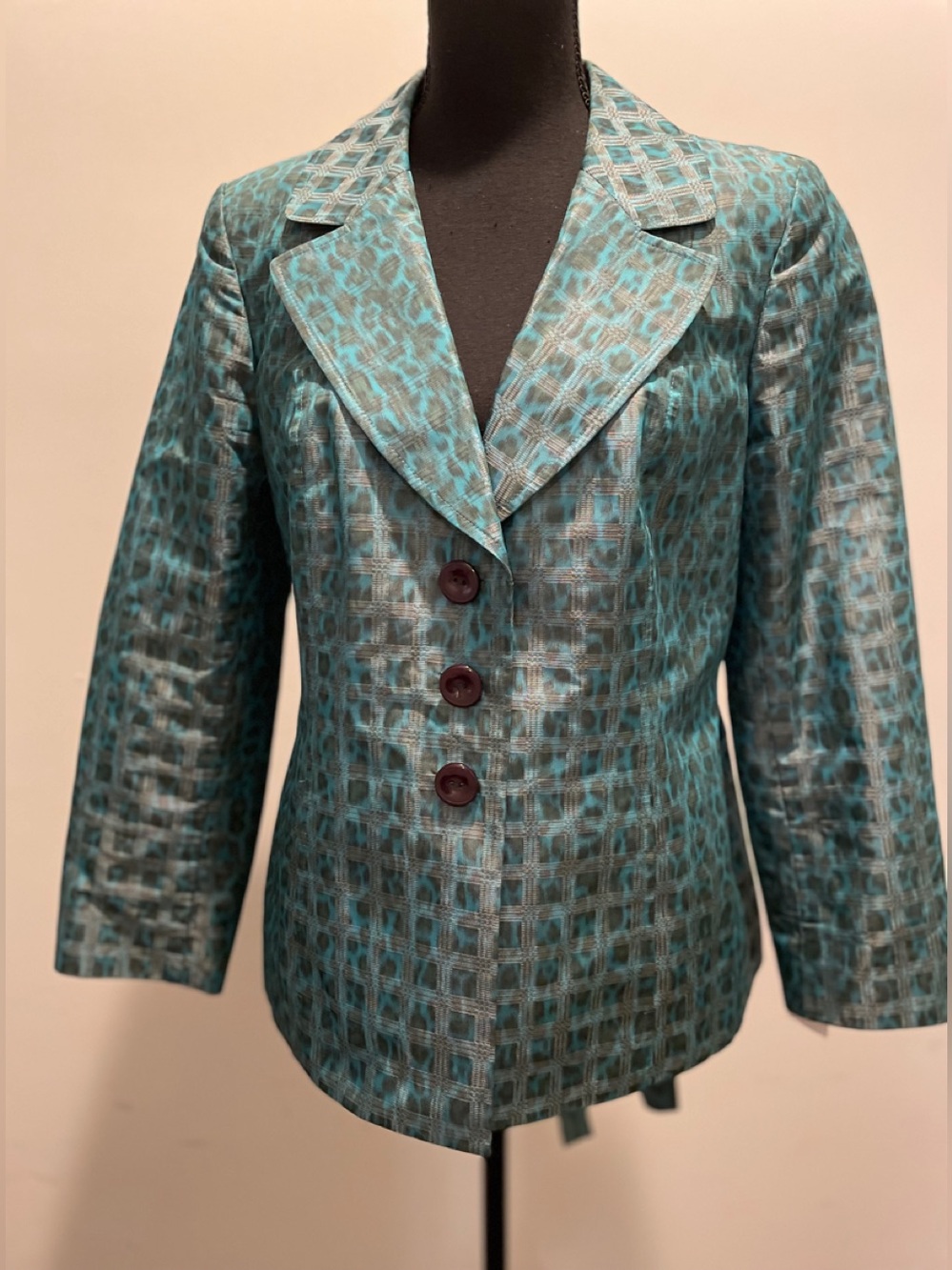 Classiques Entier Belted Blazer SizeM Teal Geometric Pattern Granny Chic Elegant